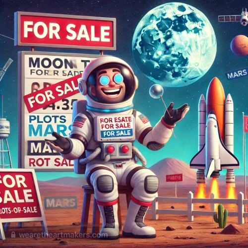 DALLE-2025-02-08-16.33.49---A-humorous-scene-featuring-an-astronaut-in-a-futuristic-spacesuit-eagerly-promoting-real-estate-for-sale-on-both-the-Moon-and-Mars.-Include-a-promine.webp